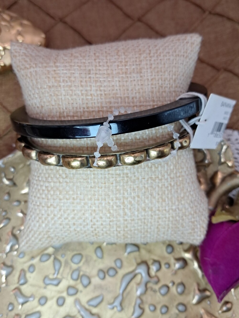NWT Banana Republic Set of 2 Black Enamel & Goldtone Studded Bangles